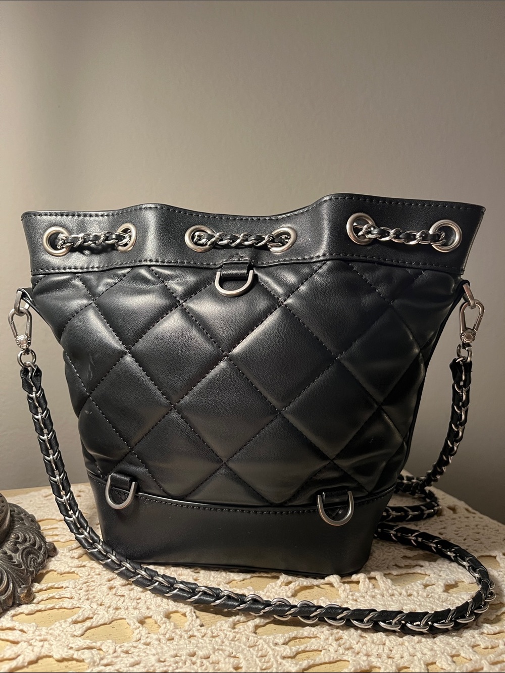 Charles & Keith Quilted Black Chain-Handle Bucket Bag